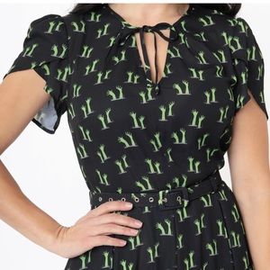 COPY - Unique Vintage Plus Size Black & Zombie Hands Print Dahlia Swing Dress 3X